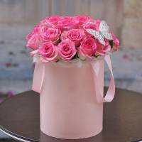 Розовые розы с бабочкой в коробке (25 шт.)